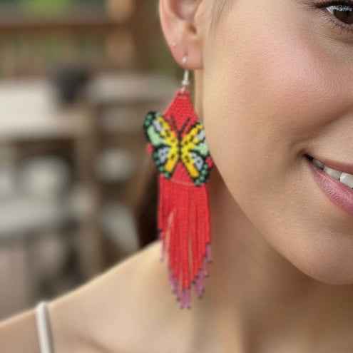 Red Beaded Dancing Wing Earrings