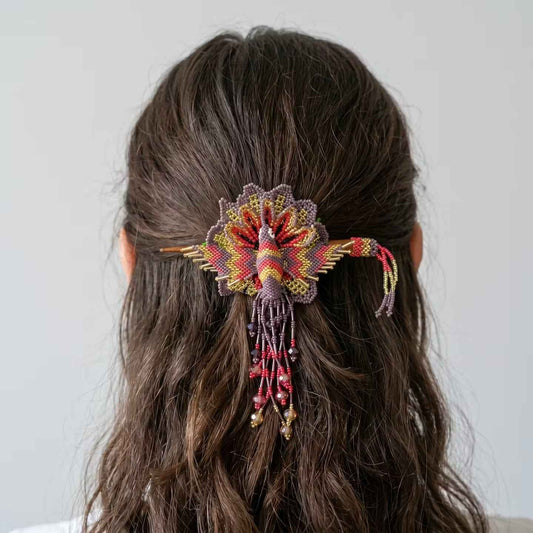 Maple Blossom Hummingbird Beaded Hair Stick Barrette Purple