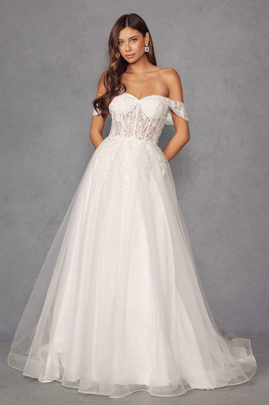 Off-Shoulder Wedding Gown with floral appliqué