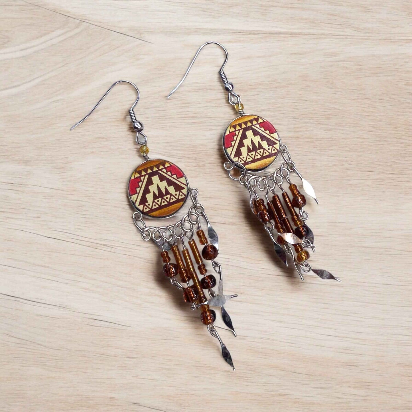 Red and Orange Southwestern Round Shaped Dangle Earrings