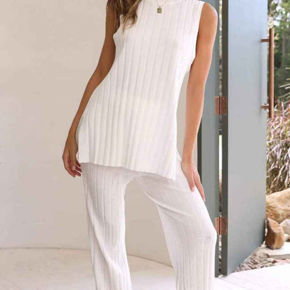 Women’s Ice Silk Knitted Sweater & Wide-Leg Pants Two-Piece Set – Casual Lounge Outfit