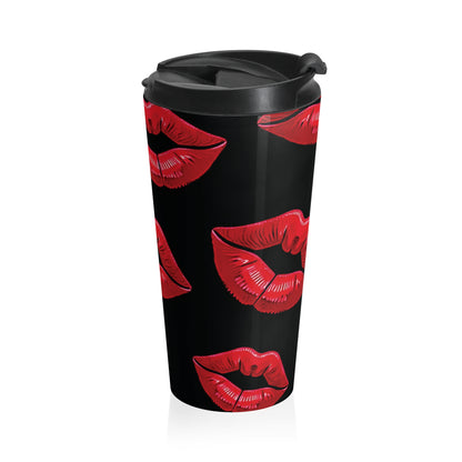 Red Lipstick Kiss Pattern Travel Mug | Black Stainless Steel - AURABAGS SHOP