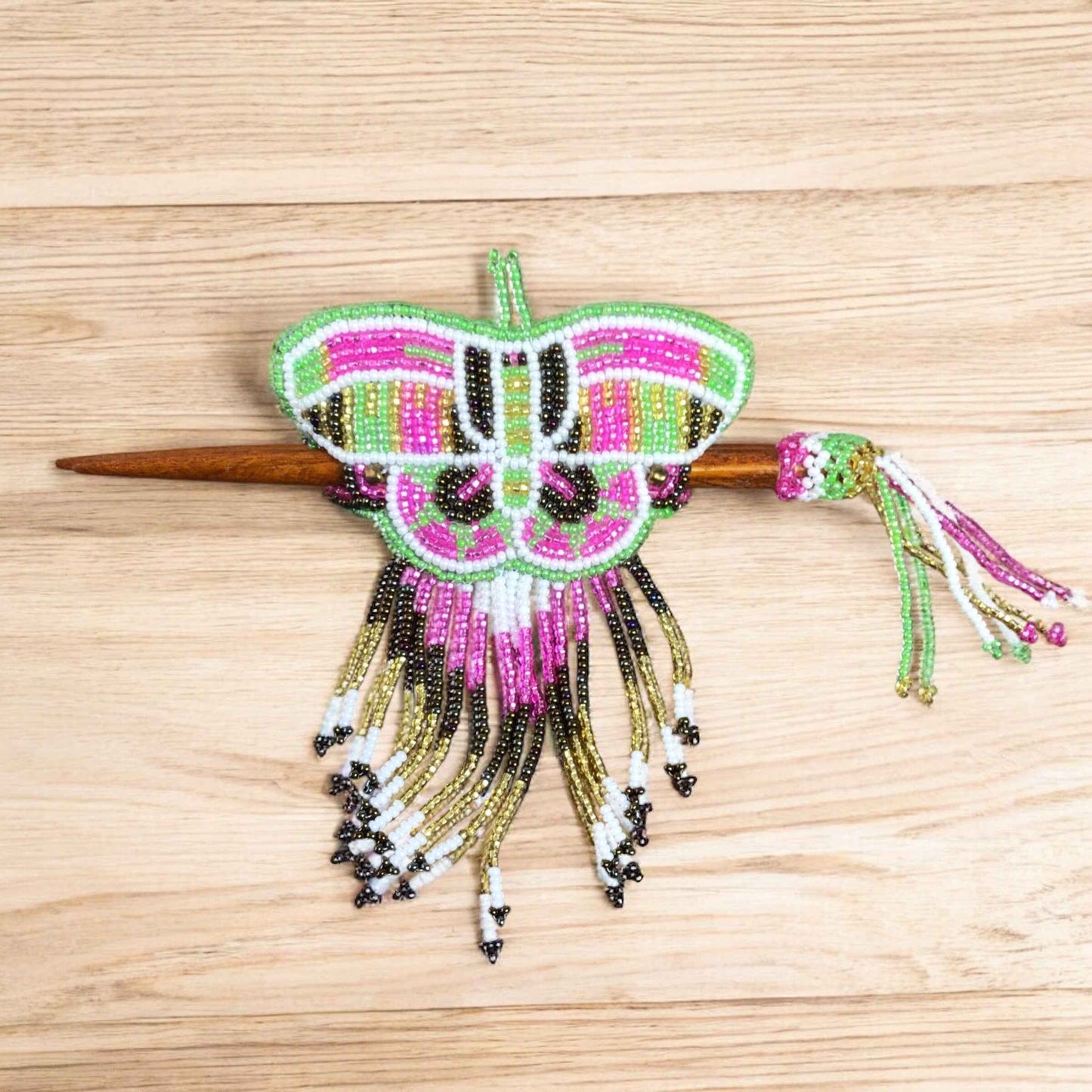 Pink and Green Wooden Stick Butterfly Beaded Barrette with Fringes