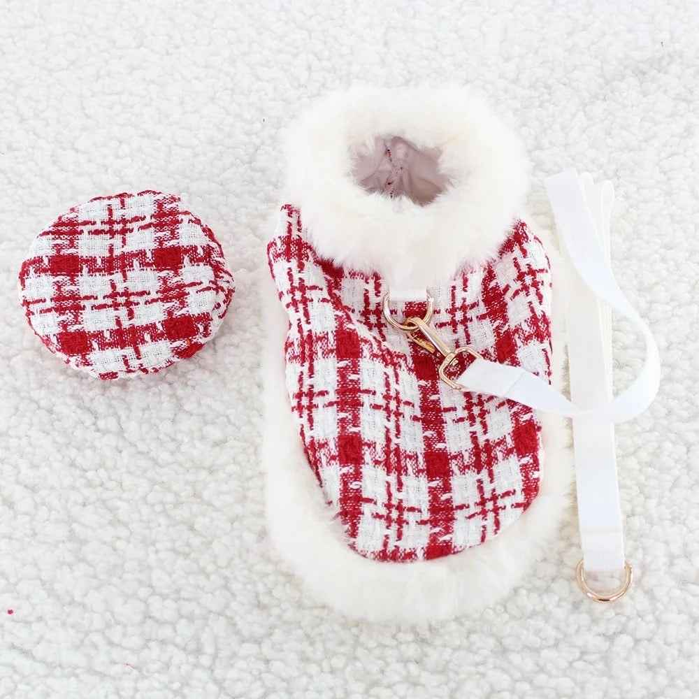 Miss Claws Holiday Tweed Dog Set | Harness Leash and Hat Outfit