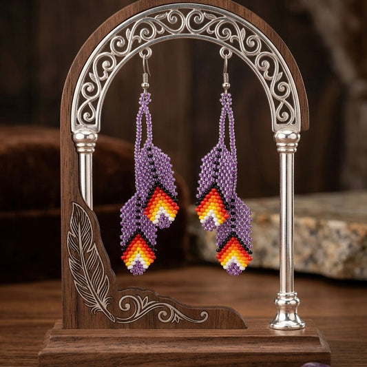OldTribes™  Purple Beaded Feather Earrings