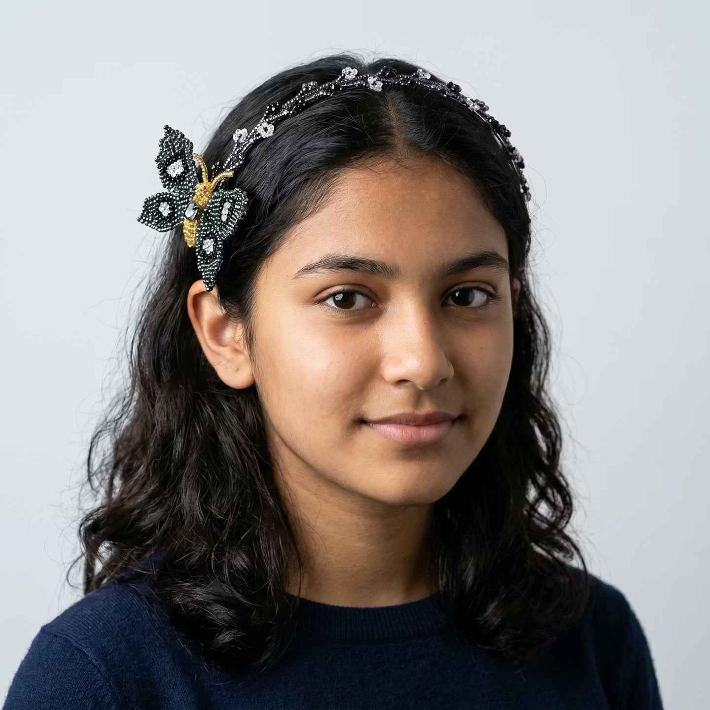 Beaded Headband with Butterfly Black