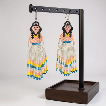 Silver Blue Beaded Ribbon Skirt Dancer Earrings