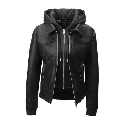 Women’s Faux Leather Biker Jacket with Detachable Hood – Slim-Fit Waist-Cinching Motorcycle Coat