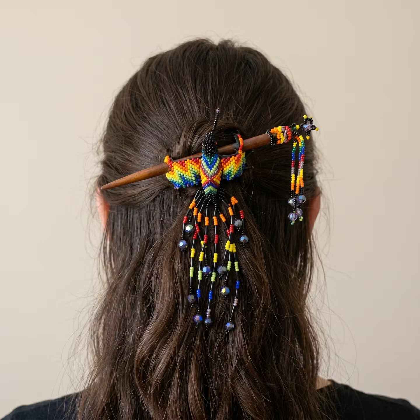 Black Hummingbird Beaded Hair Stick