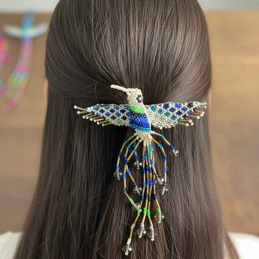 White Hummingbird Barrette with Fringes