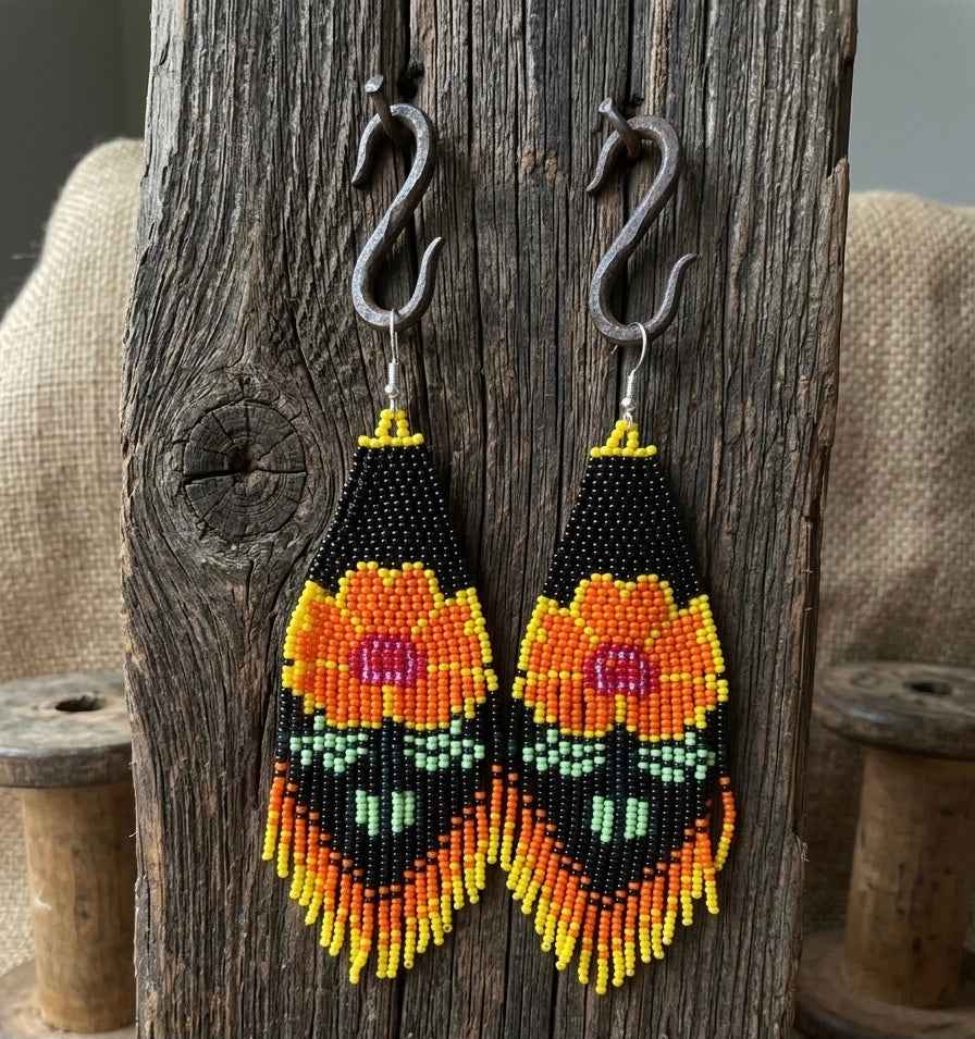 Flower Beaded Earrings ( Orange )