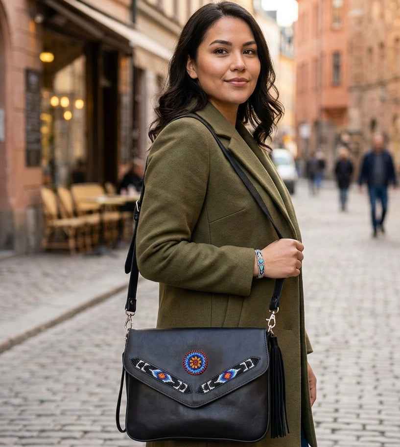 Leather beaded Crossbody bag(Black)