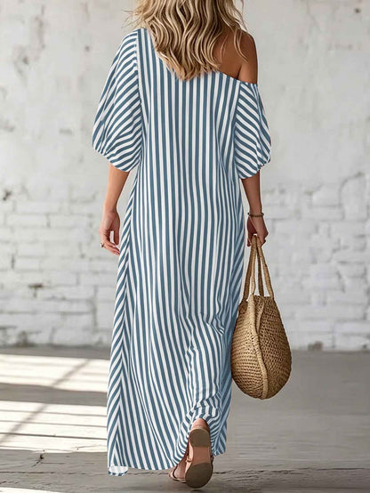 Asymmetrical One-Shoulder Striped Maxi Dress – Puff Sleeve Ruffle Hem Loose Vacation Dress with Pockets