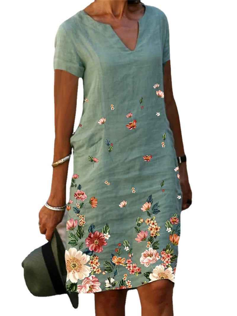 Women's Floral Print V-Neck A-Line Midi Dress – Short-Sleeve Casual Summer Dress