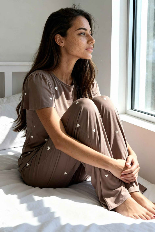 Heartfull PJ – Silky Printed Pajama Set 2PC In Mochacinno Hearts