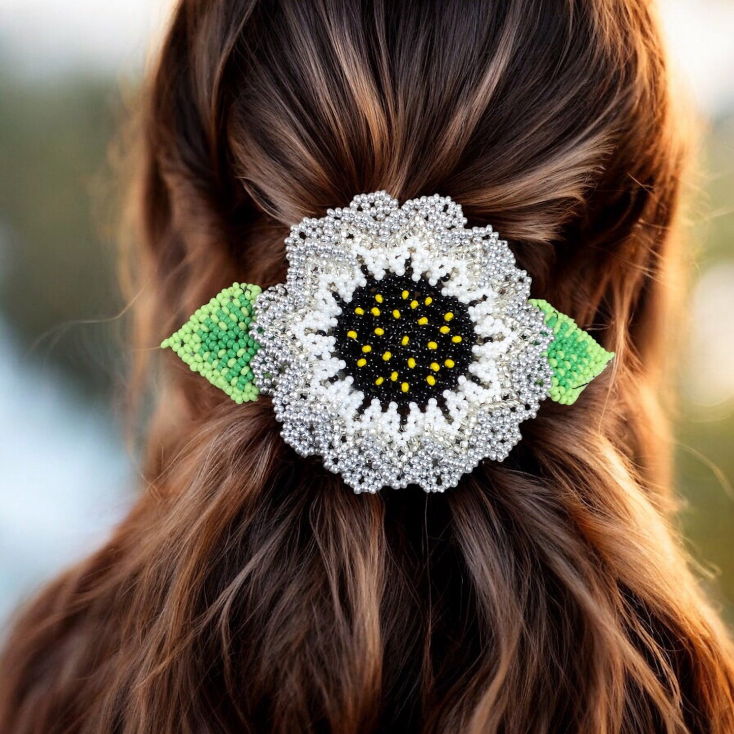 Handmade Beaded Sunflower Hair Clip- White and grey