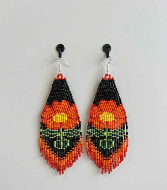 Flower Beaded Earrings ( Orange )