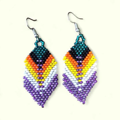 Green and light purple Beaded Feather Drop Earrings