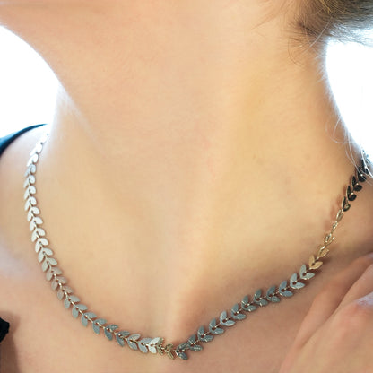 ALALA Silver Toned White Gold: Botanical Beauty Embossed Leaf Necklace