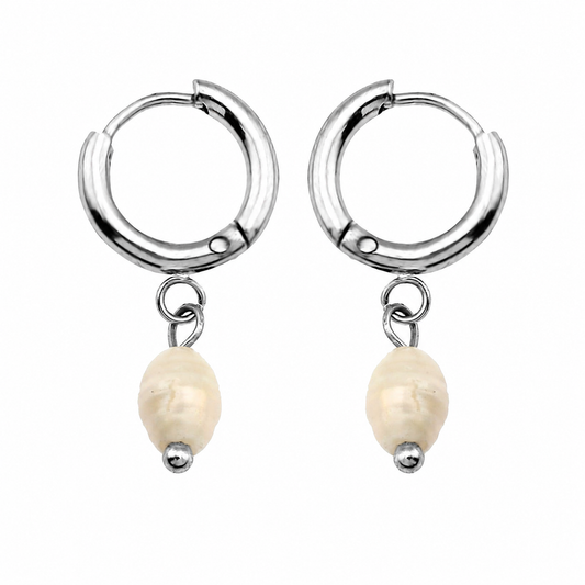 ALEX Silver (White Gold): Mini Hoop Earrings with Natural Freshwater Pearl Charm – Elegance in Every Detail