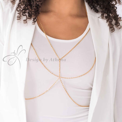 Gold Body Chain, Metal Bralette, Layered Harness, Body Jewelry, Layered Chain