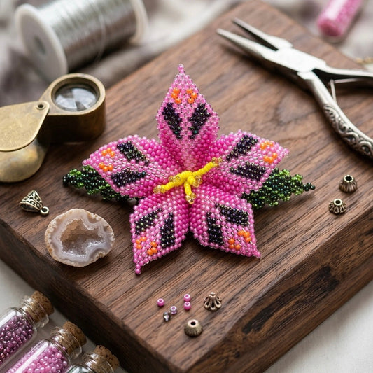 Pink  Ember Bloom Beaded Hair Barrette