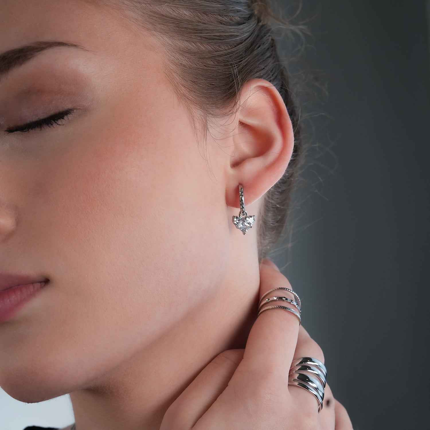 CREEDA White Gold (Silver Toned): Vintage Style Zirconia Embedded Hoops with Moissanite Heart Charm