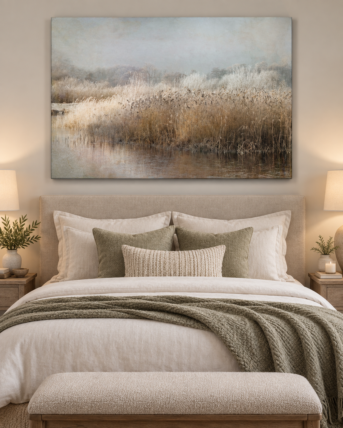 Winter Morning Canvas Wall Art | Frosted Reeds & Lake Landscape Print by Nel Talen | 3 Sizes