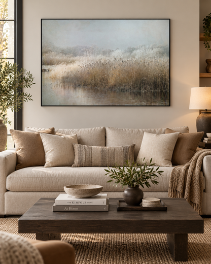 Winter Morning Canvas Wall Art | Frosted Reeds & Lake Landscape Print by Nel Talen | 3 Sizes