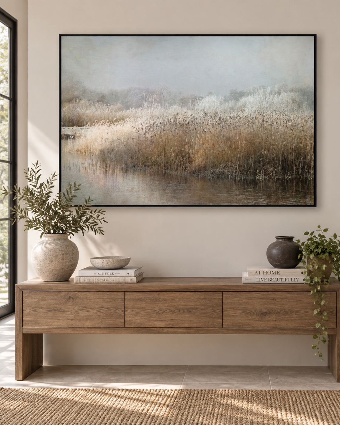 Winter Morning Canvas Wall Art | Frosted Reeds & Lake Landscape Print by Nel Talen | 3 Sizes