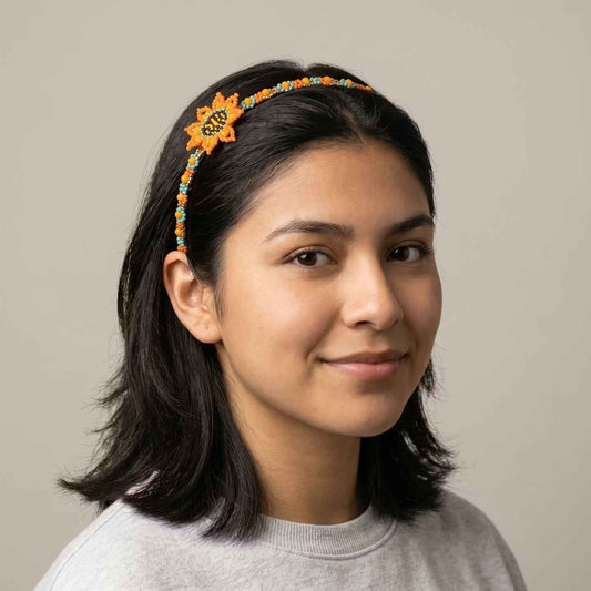 Beaded Headband with Flower Orange