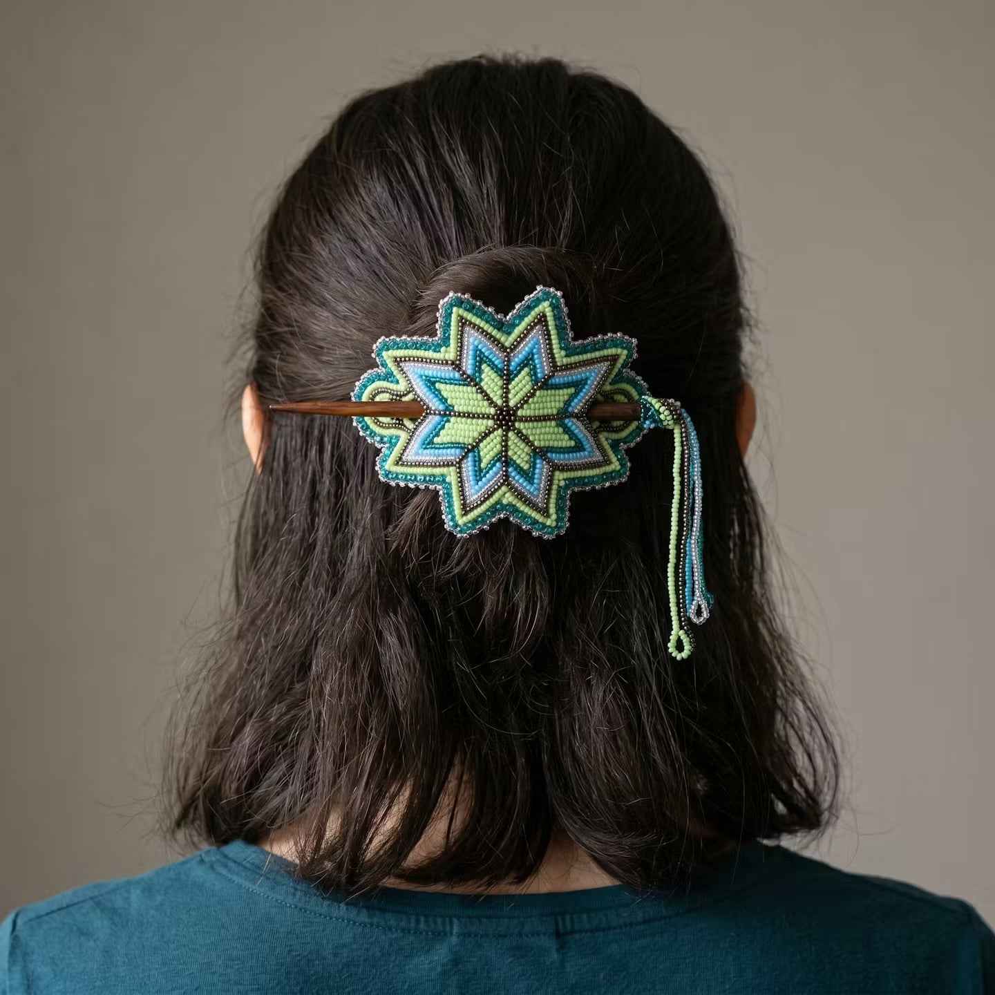 Green Handmade Beaded Star Barrette