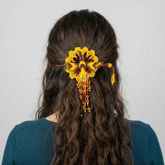 Maple Blossom Hummingbird Beaded Hair Stick Barrette Yellow
