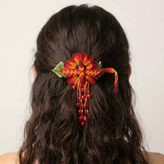 Maple Blossom Hummingbird Beaded Hair Stick Barrette Red