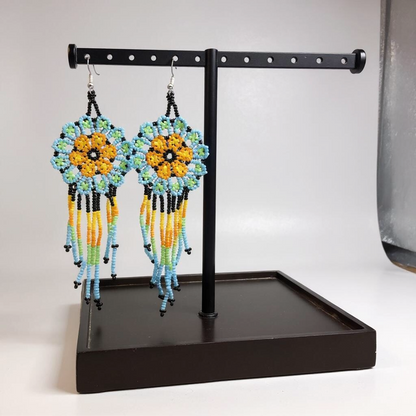 Yellow Blue  Flower beaded Earrings
