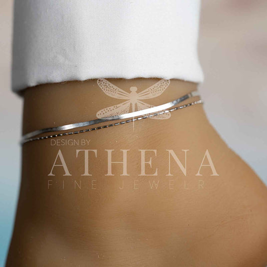 Layering Herringbone Anklet | Sterling Silver with Platinum Plating | Adjustable Fit | Timeless & Modern Jewelry