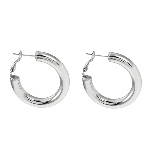 DERIVIER Silver (White Gold): Semi-Wide Essential Hoop Earrings (3.5cm)
