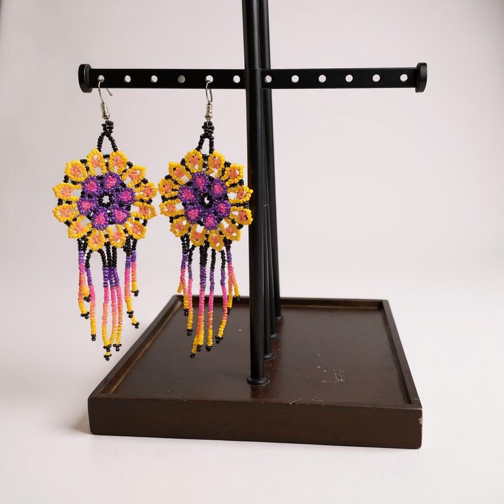 Yellow Purple Flower beaded Earrings