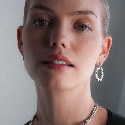 ELENA: Sculpted Texture Silver Toned (White Gold) Hoop Earrings
