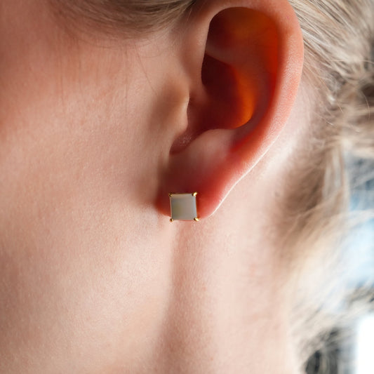 ERITH: Gold Rimmed Natural Shell Square Shaped Classic Stud Earrings