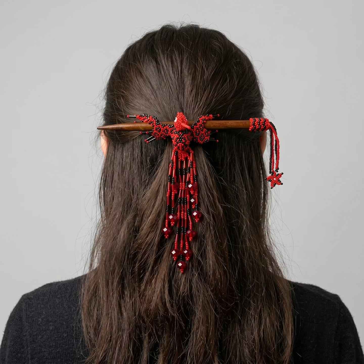 Red & Black Hummingbird Beaded Hair Stick