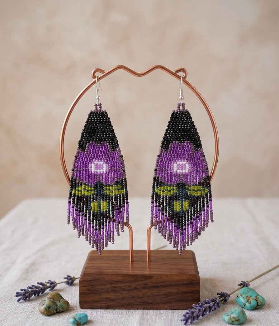 Flower Beaded Earrings ( Purple )