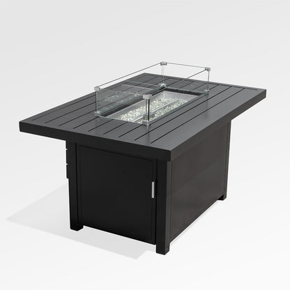 Outdoor Black Aluminum Rectangle Fire Pit Table with Wind Guard and Cover