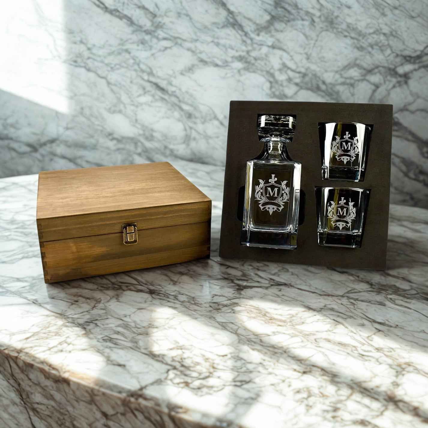 Personalized Square Whiskey Decanter Set with Optional Gift Box – Custom Engraved Decanter and Glasses for Men, Weddings, or Special Occasions