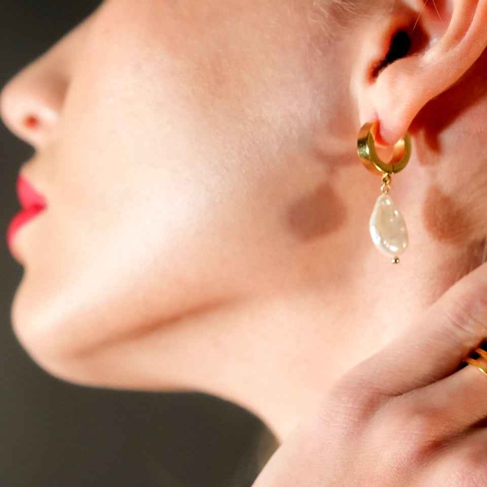 GAIA Gold:  Baroque Freshwater Pearls on Wide Mini Hoops