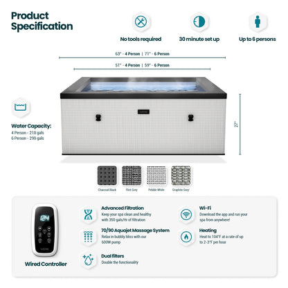 Wave | Garda | 4/6-Person Eco Foam Hot Tub | Square | Built-In Integrated Heater