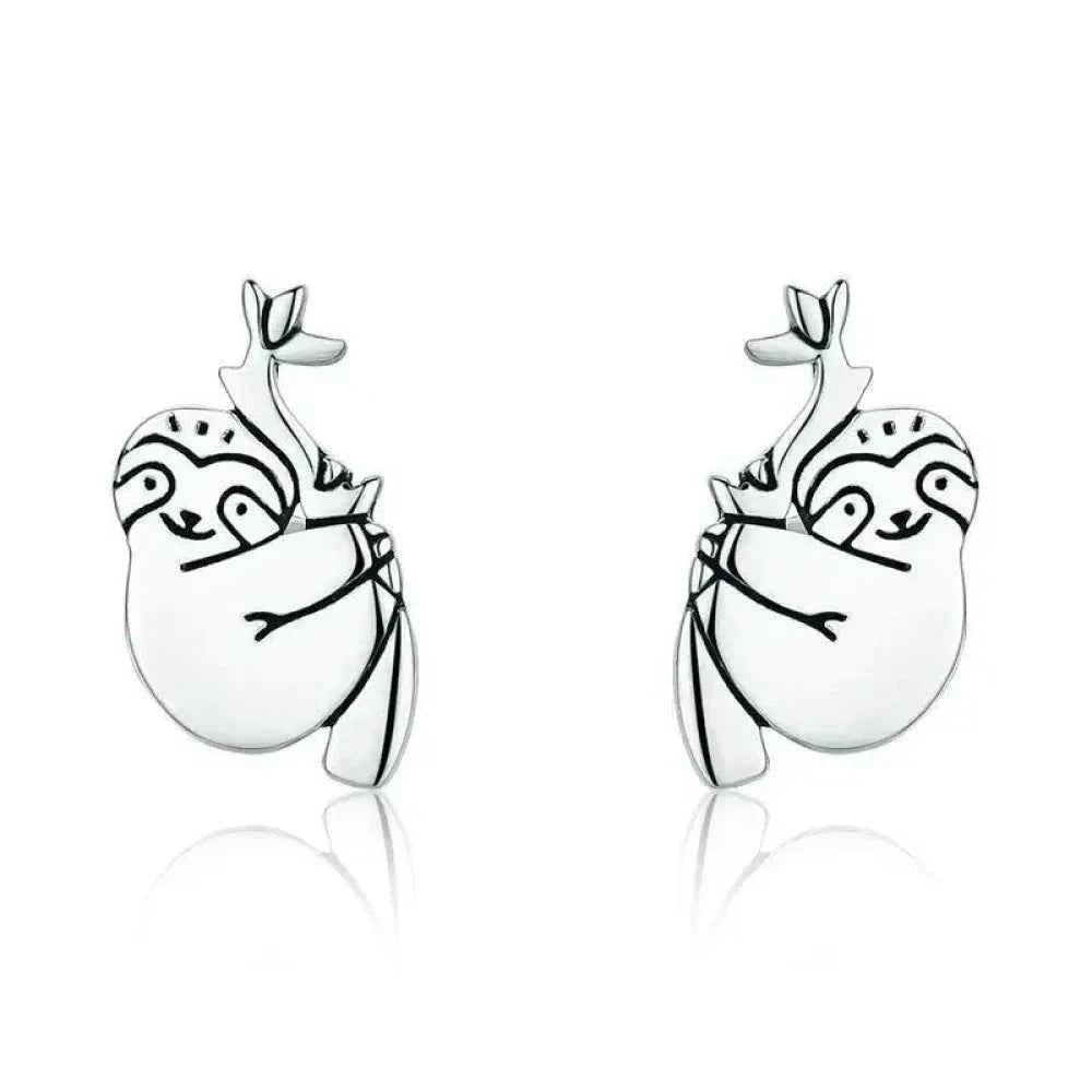 Adorable Sloth Stud Earrings In Sterling Silver - Cute Animal Jewelry