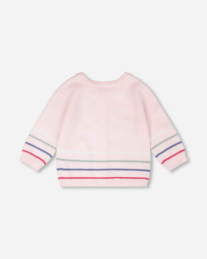 Cotton Knit Striped Button Front Cardigan Light Pink