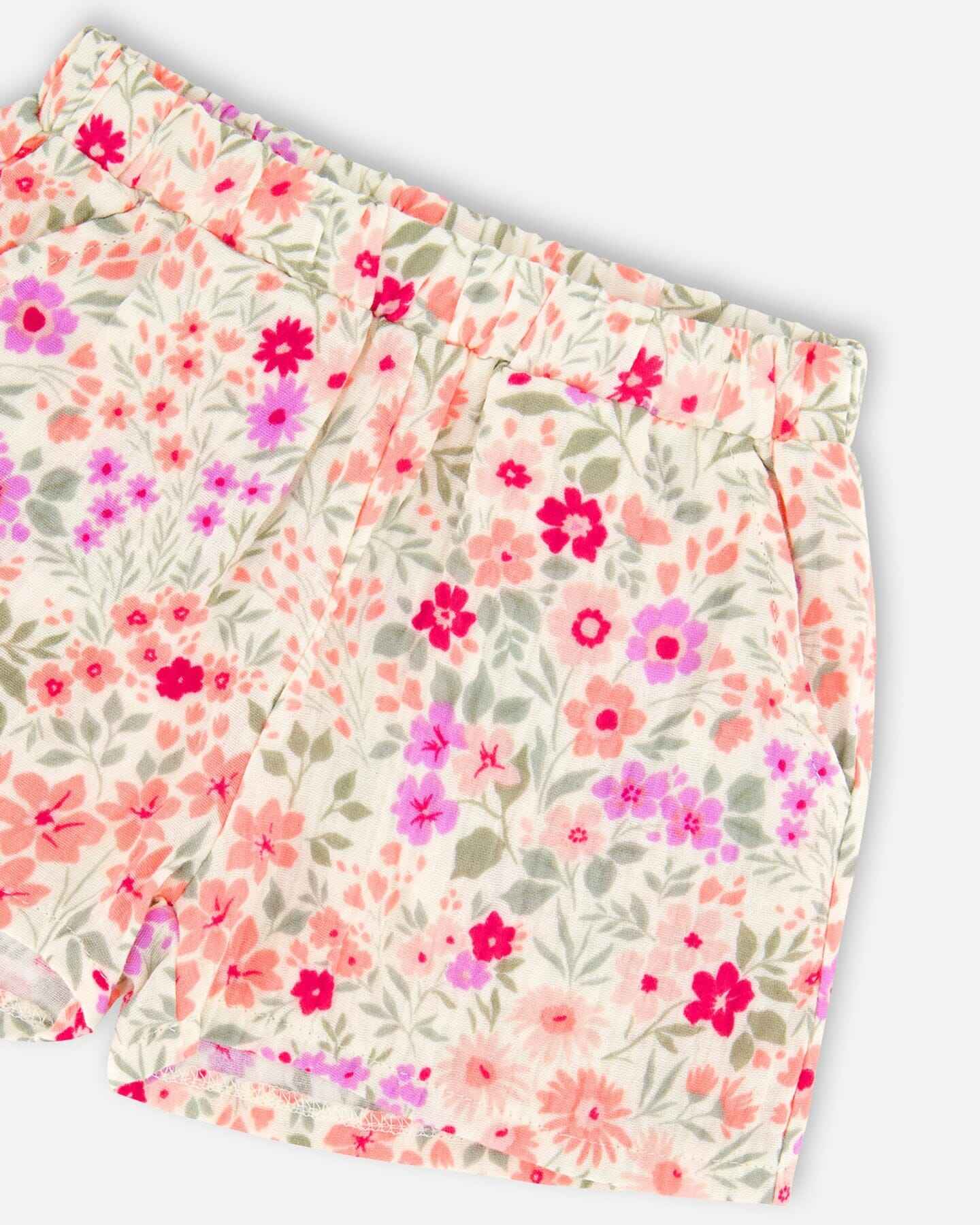 Tank Top With Smocking And Shorts Set In Muslin Off White Printed Flowers