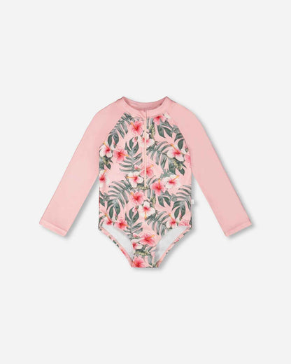 One-Piece Long Sleeve Rashguard Pink Hibiscus Print
